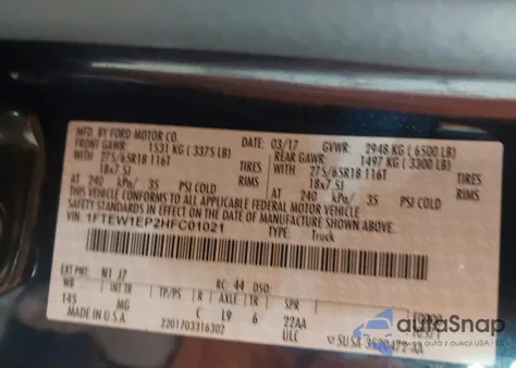 2017 Ford F-150 Xlt z USA, uszkodzony, nr VIN 1FTEW1EP2HFC01021